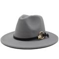 Detail of grey fedora hat featuring a black leather band and gold metal ring accent - Light Gray