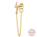 S925 sterling silver gold lightning bolt stud earrings with long chain and micro-zirconia - Gold Single Lightning Chain Earring