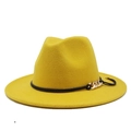 Close-up of bright yellow fedora hat with black leather band and gold chain detail - L (59-61cm) / Yellow