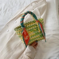 Handmade woven tote bag with green yellow and white patterns and a printed silk scarf - Yellow