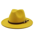Detail of yellow wool fedora featuring a brown braided leather band and gold buckle - M (56-58cm) / Yellow