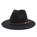 Detail of black wool fedora hat featuring a brown braided leather band and gold buckle - Black