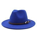 Detail of royal blue wool fedora hat featuring a brown braided leather band and metal buckle - Sapphire Blue
