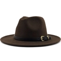 Detailed view of dark brown fedora hat with black leather band and vintage bronze buckle - Coffee