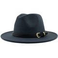 Close-up of wool fedora hat with brown leather band and vintage gold metal buckle detail - Dark Gray