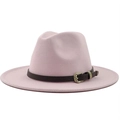 Detail of light pink fedora hat featuring dark brown leather strap and vintage gold buckle - Pink