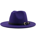 Detail of dark purple wool fedora hat featuring a black leather band and gold buckle - Purple