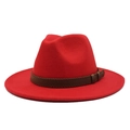 Detail of red wool fedora hat featuring a wide flat brim and brown leather band detail - M (56-58cm) / Red