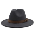 Detail of dark grey wool jazz fedora hat featuring brown faux leather band with zigzag stitching - Dark Gray