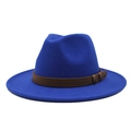 Detail of royal blue wool jazz hat featuring a brown leather band with V-shaped stitching - Sapphire Blue