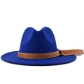 Close-up of wool fedora hat featuring a royal blue finish and brown leather band detail - M (56-58cm) / Blue