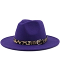 Dark purple wool fedora hat with leopard print belt and silver buckle on white background - M (56-58cm) / Purple
