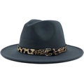 Close-up of the dark grey wool fedora hat featuring a stylish leopard print buckle band - M (56-58cm) / Dark Gray