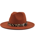 Burnt orange wool fedora hat with leopard print leather band and metal buckle detail - M (56-58cm) / Caramel color