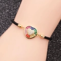 Bracelet ajustable en cuivre avec cœur en zircon arc-en-ciel et cordon tressé noir - B0055 Corde Noire