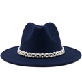 Detailed shot of dark blue wool fedora hat featuring three-row pearl decorative band - M (56-58cm) / Navy Blue