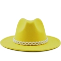 Elegant yellow wool fedora hat with a decorative white pearl band on a white background - M (56-58cm) / Yellow