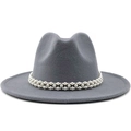 Detailed close-up of dark grey wool fedora hat featuring double-row pearl embellishments - M (56-58cm) / Gray