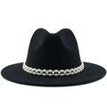 Close-up of black wool fedora featuring elegant double-row pearl beads decoration - M (56-58cm) / Black