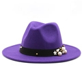 Elegant purple wool fedora hat with wide brim, black ribbon, pearls, and a white flower accent - M (56-58cm) / Purple