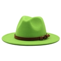 Classic green wool fedora hat with a brown buckle belt shown in a full frontal view - Fruit Green