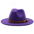 Detail of purple wool felt jazz hat featuring a classic brown leather buckle belt band - M (56-58cm) / Purple