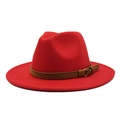 Detailed side view of a red wool fedora hat featuring a brown leather band and gold buckle - M (56-58cm) / Red
