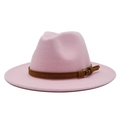 Pink wide brim wool felt jazz hat with brown leather decorative belt accessory - Pink