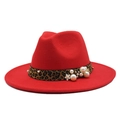 Close-up of red wool fedora hat with leopard print ribbon and pearl floral accents - M (56-58cm) / Red