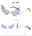 Detailed view of rimless flame shaped sunglasses with gold temples and purple gradient lenses - Gold Frame / Purple Gradient Lens