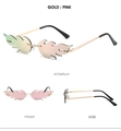 Vistas detalladas multiángulo de gafas de sol sin montura en forma de llama rosa y dorado - Montura Dorada Lentes Rosas
