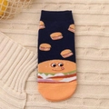 Cartoon burger pattern cotton ankle socks in navy blue and orange color block design - One Size / Navy Blue Burger (3553C)