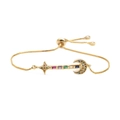 Adjustable gold moon and star bracelet with colorful zircon stones on white background - Box Chain Moon Star / Gold