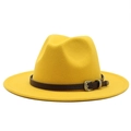 Classic yellow wool felt fedora with a vintage brown leather band and gold metal buckle - M (56-58cm) / Yellow