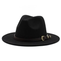 Detail of black wool fedora featuring a brown leather band and gold vintage metal buckle - M (56-58cm) / Black