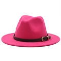Classic magenta wool fedora hat with dark brown leather band and vintage gold buckle - Rose Red