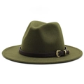 Deep olive green wide brim wool felt fedora with a vintage brown leather decorative belt - Army Green