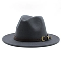 Close-up of wool fedora hat with brown leather band and vintage gold buckle detail - Dark Gray