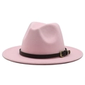 Pink wide brim wool fedora hat with dark brown leather band and gold buckle detail - Pink