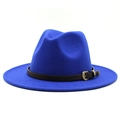 Close-up of royal blue wool jazz hat featuring dark brown leather band and gold buckle - Sapphire Blue