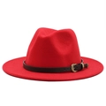 Classic bright red wide brim wool felt jazz hat with black leather band and gold buckle - M (56-58cm) / Red