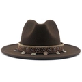 Detail of dark brown wool fedora hat with ethnic woven band and silver coin pendants - M (56-58cm) / Coffee