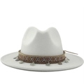 White wool felt Panama hat with ethnic woven band and silver metal coin charms - M (56-58cm) / White