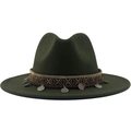Close-up of bohemian fedora hat featuring ethnic embroidery and metallic coin charms - M (56-58cm) / Green