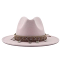 Close-up of pink fedora hat with bohemian ethnic ribbon and hanging silver coin charms - M (56-58cm) / Pink