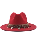 Red wool fedora hat with bohemian braided band and vintage silver coin charms - M (56-58cm) / Red