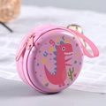 Pink round tinplate coin purse featuring a cartoon dinosaur and matching wrist strap - Letter Dinosaur No. 3 (Pink)