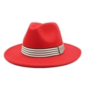 Detailed view of red wool jazz fedora with black and white striped ribbon band - Orange Red