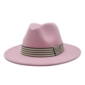 Pink wool fedora hat with a classic black and white striped ribbon band and flat brim - Pink