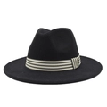 Detail of vintage black wool fedora hat featuring a stylish striped grosgrain ribbon trim - Black